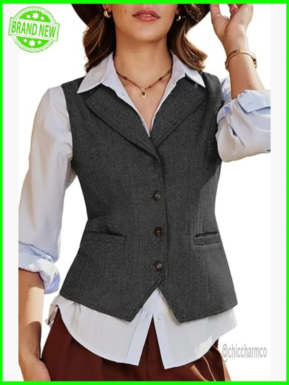Herringbone Tweed Waistcoat Sleeveless Blazer Suit Vest with Adjustable Back